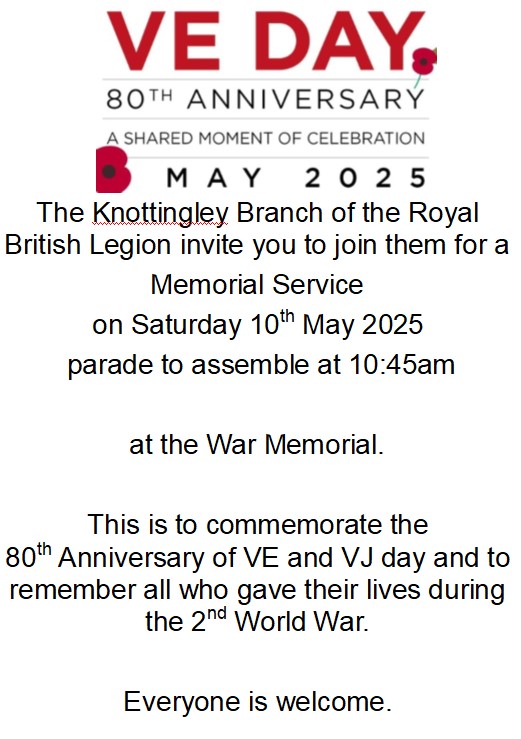V E Day celebration, Saturday 10 May 10:45 am at war memorial